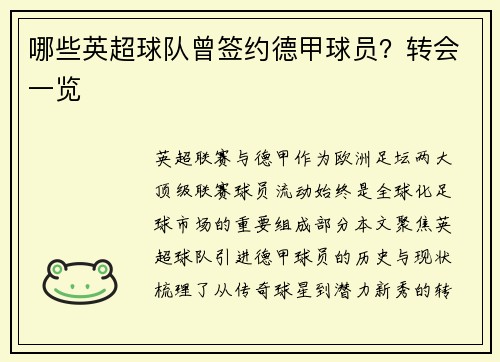 哪些英超球队曾签约德甲球员？转会一览