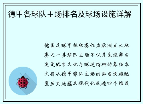 德甲各球队主场排名及球场设施详解